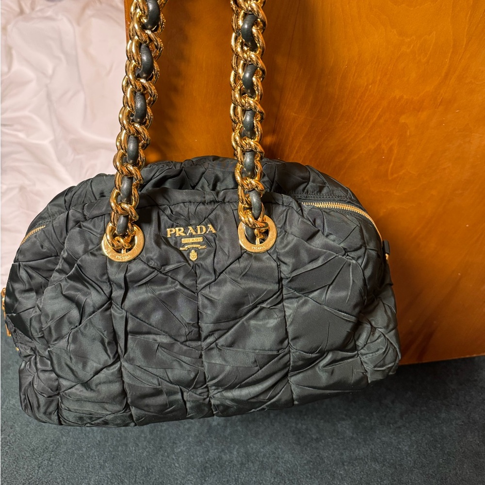 Prada Black Quilted Shoulder Bag with Gold Chain